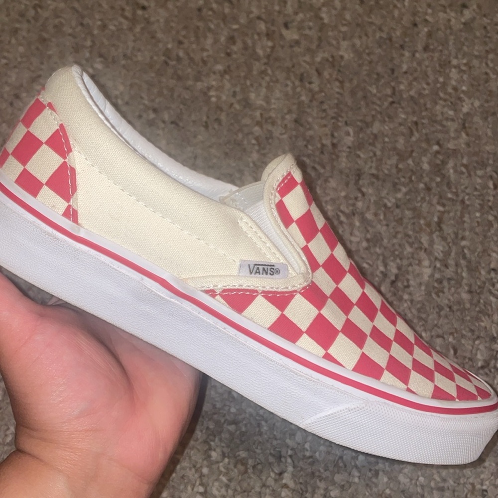 Slip on white and red checkerboard vans